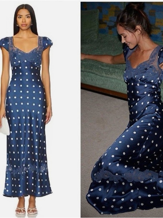 Free People Dresses & Skirts - Free People Navy Polka Dot Lace-Trim Maxi Dress